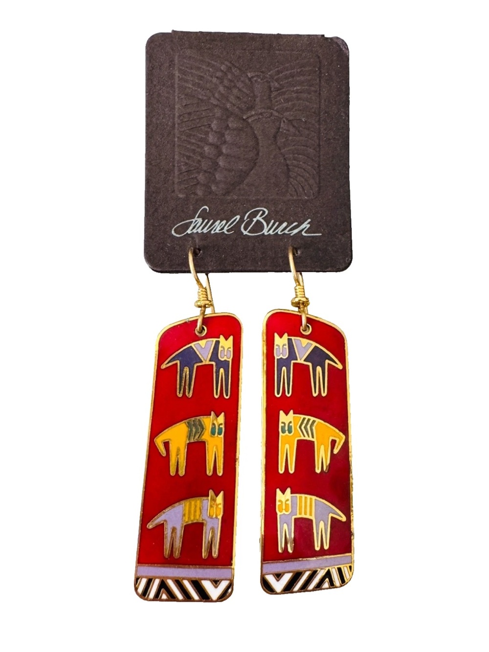 Vintage 1990 Laurel Burch Red HIEROGLYPHIC CATS Pierced Earrings on Orig. Card